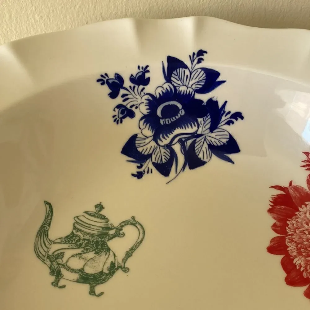 Anthropologie Large Serving Bowl White Floral Decorated Fleur 13”